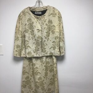 DANA custom brocade 2 piece dress and jacket.  1950s gold green floral metallic